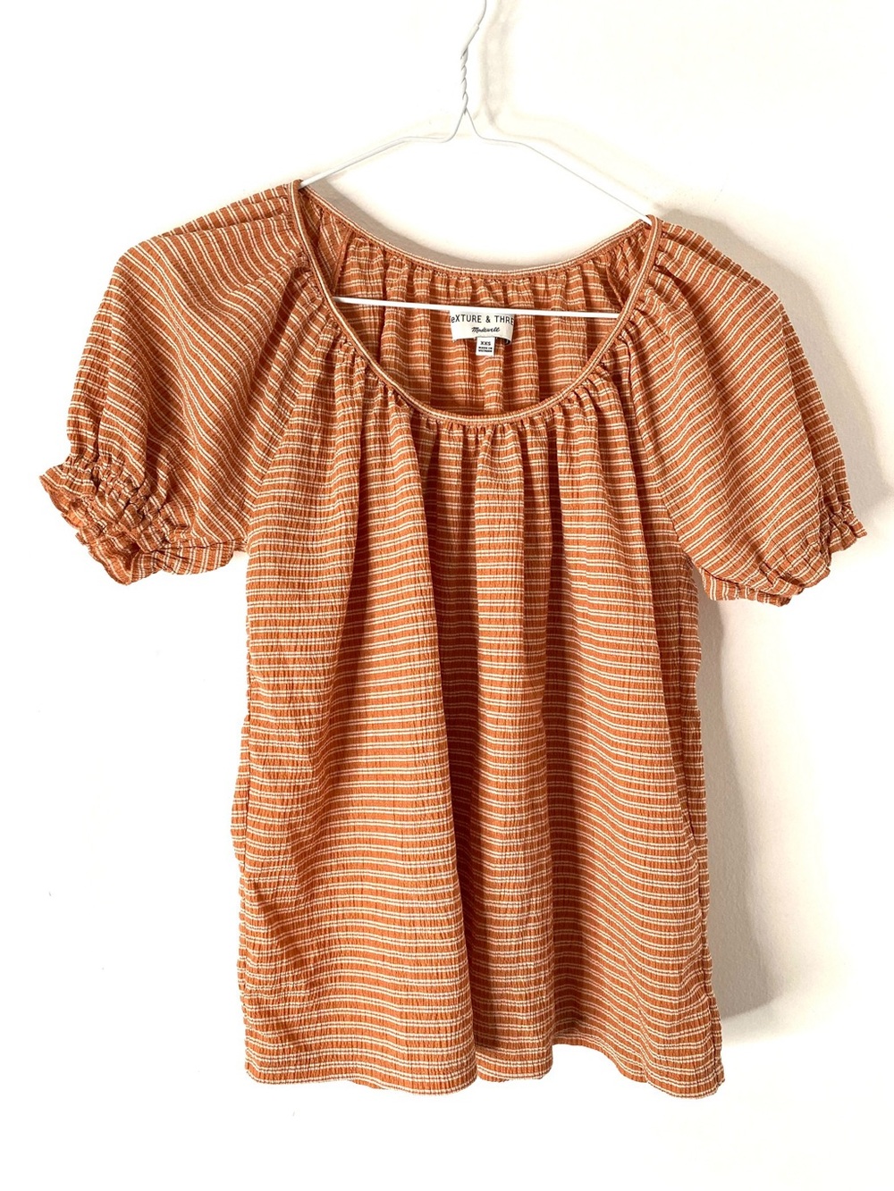 Madewell Texture & Thread Antique Coral Stripe Peasant Top Puff Sleeve